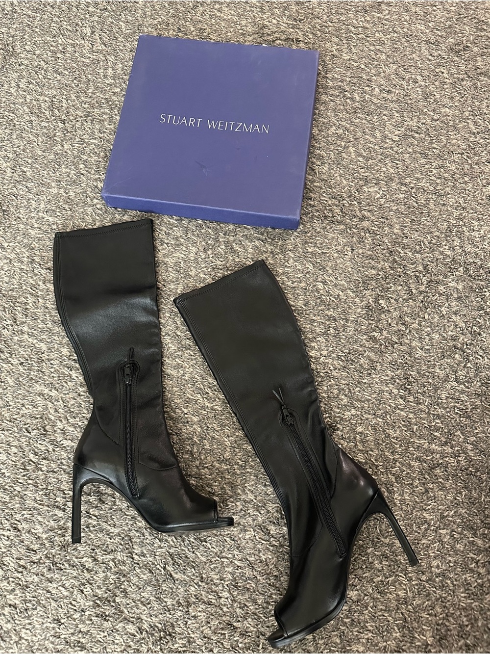 Stuart Weitzman Black Leather
Heeled Peep-Toe Boots,